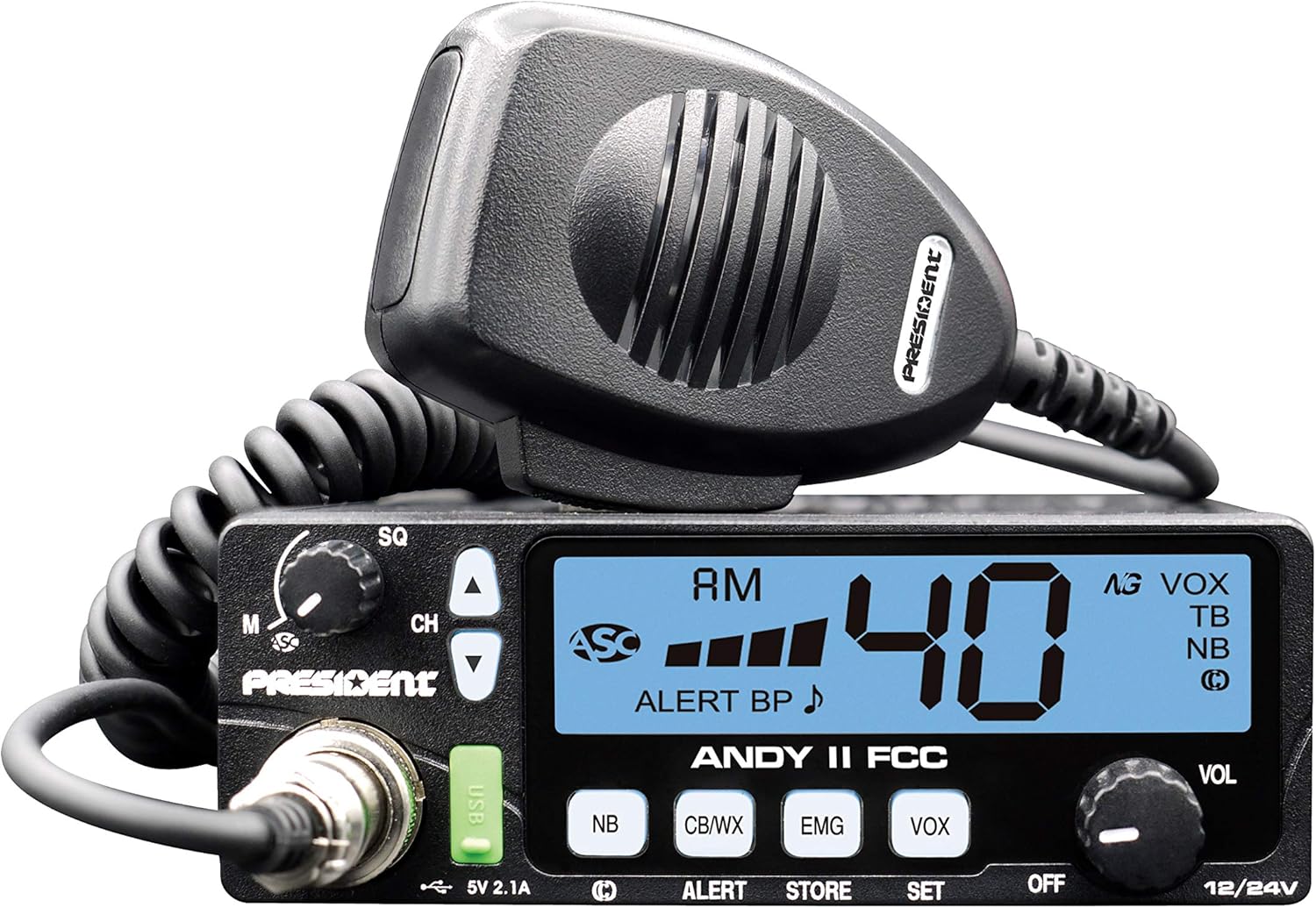 New President Andy II 12/24V FCC CB Radio with Weather Channel/Alert, Scan, USB Port, VOX and Much More!