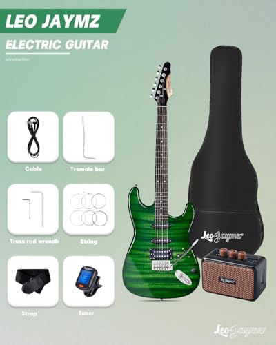 Leo Jaymz 39" Full Size ST Style Electric Guitar Starter Kit with SSH Pickup, 5W Portable Amp, Tuner, Gig Bag, Strap & Accessories (Violet Ocean)
