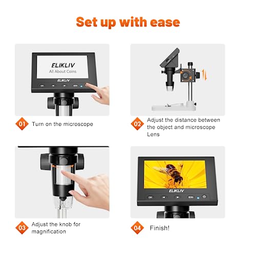 Elikliv Microscope, LCD Digital Coin Microscope 1000x, Coin Magnifier with 8 Adjustable LED Lights, PC View Compatible with Windows/MacBook, EDM4
