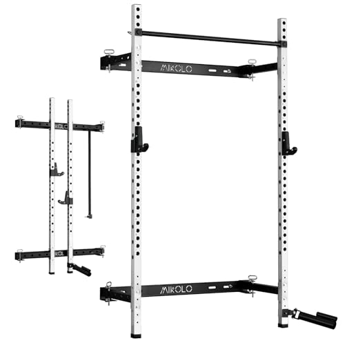Mikolo 2" x 2" Folding Wall Mounted Squat Rack, 1000 Pounds Capacity Power Rack with Pull Up Bar, J Hooks and Other Attachments, Space-Saving Home Gym