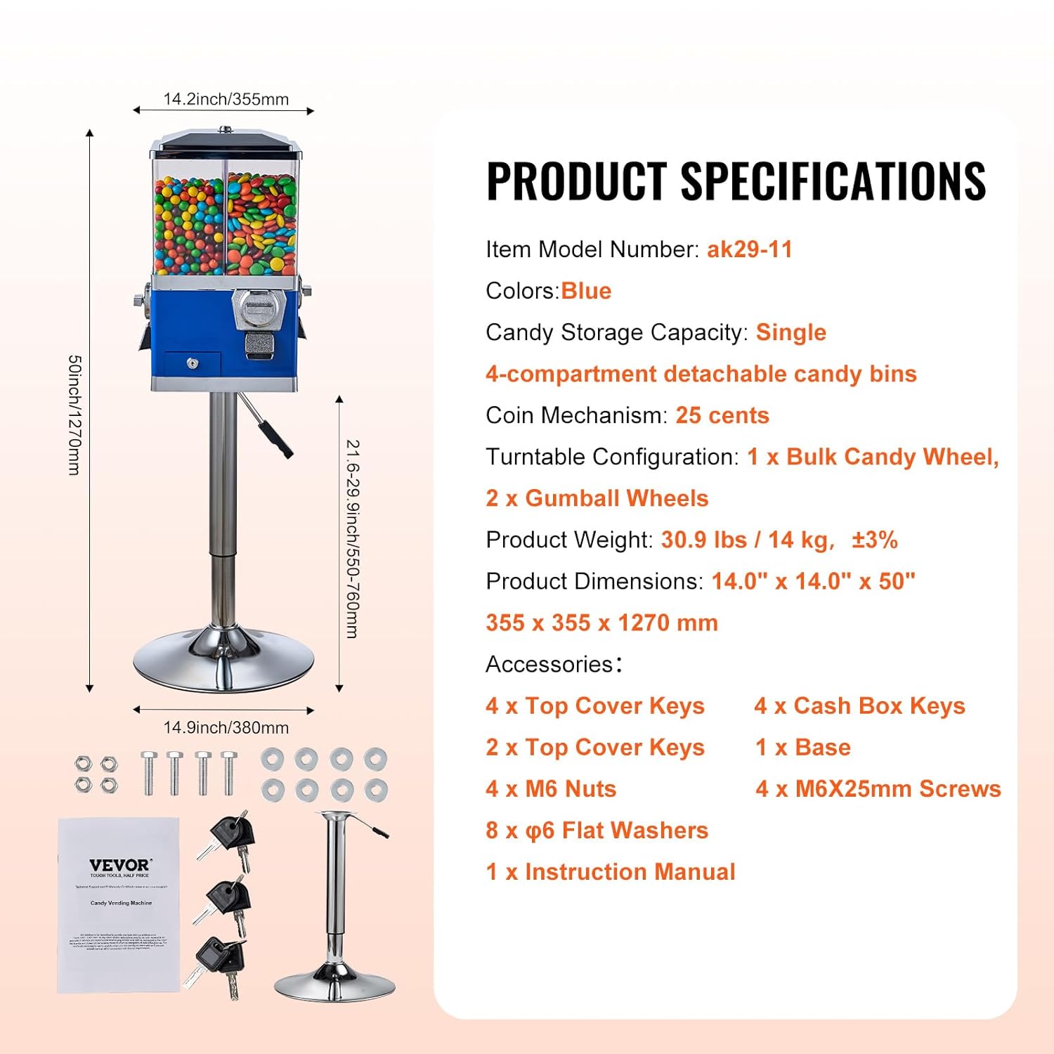 VEVOR Commercial Vending Machine, Four Compartment Rotatable Gumball and Candy Dispenser, Adjustable Height Coin Operated Candy Bank with Iron Stand