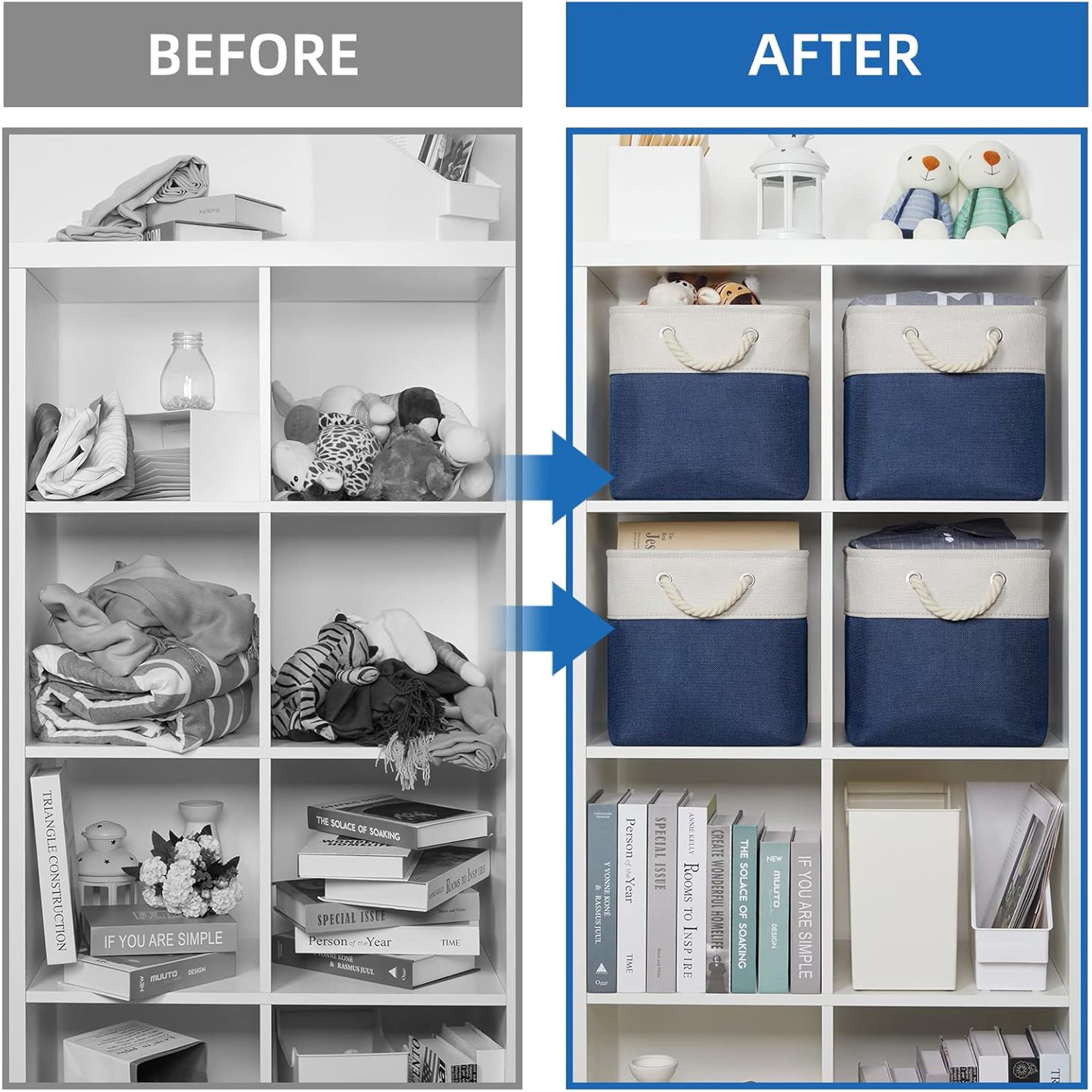 Fabric Storage Cubes 11x11 Cube Storage Bins 4Pack Blue Basket for Organizing Home, Closet, Empty Gift Baskets with Handles (White&amp;Blue)