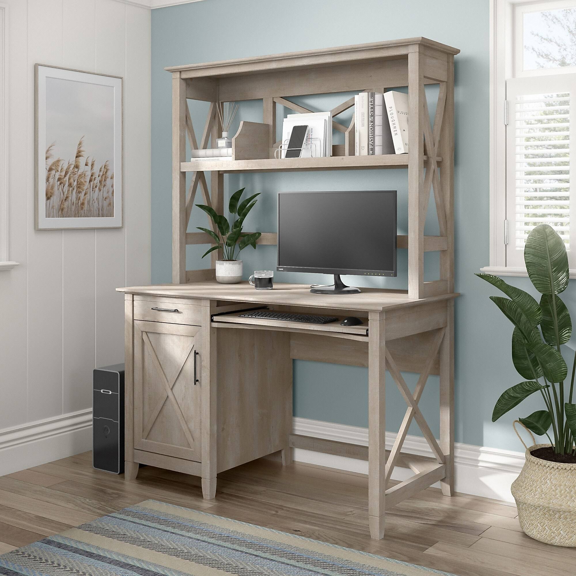 Bush Key West 48W Small Computer Desk with Hutch in Washed Gray - Engineered Wood