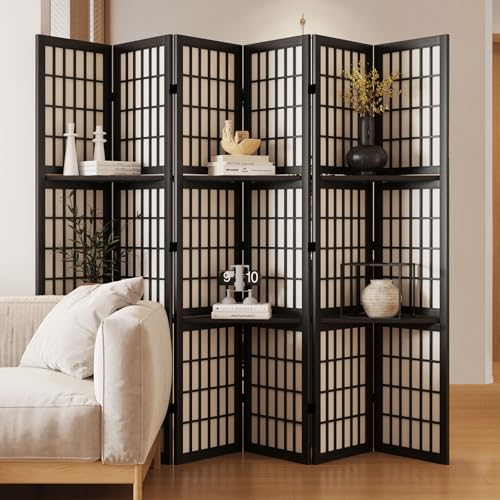 Room Divider, 66.9Inch Tall Japanese Shoji Style Folding Wood Screen with Double Hinges for Home Office Bedroom Hotel Decoration (4Panels, Black)