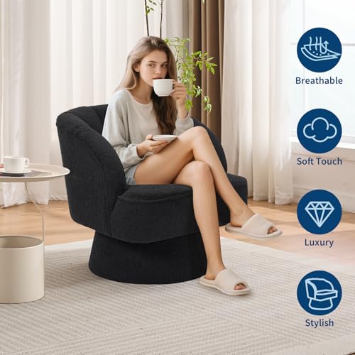 GarveeHome Modern Swivel Barrel Accent Chair, 360° Teddy Fabric Upholstered Armchair with Striped Backrest & Plush Padding
