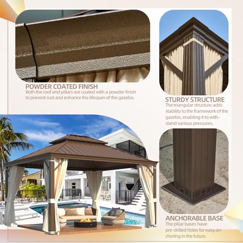 YOLENY 10' x 12' Hardtop Gazebo, Metal Gazebo with Aluminum Frame, Double Galvanized Steel Roof, Curtains and Netting Included