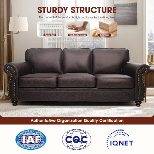 Mid-Century Vintage Sofa Couches with Rivet Design,3-Seater Sofa,Removable Sofa Cover Upholstered Cushions and Solid Wood Frame (Brown, 3-Seater)