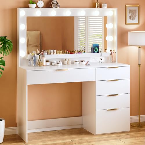 Vanity Desk with Large Mirror and Lights, 45.3in Makeup Vanity with Power Outlet 9 Drawers & Storage, 3 Lighting Color Adjustable