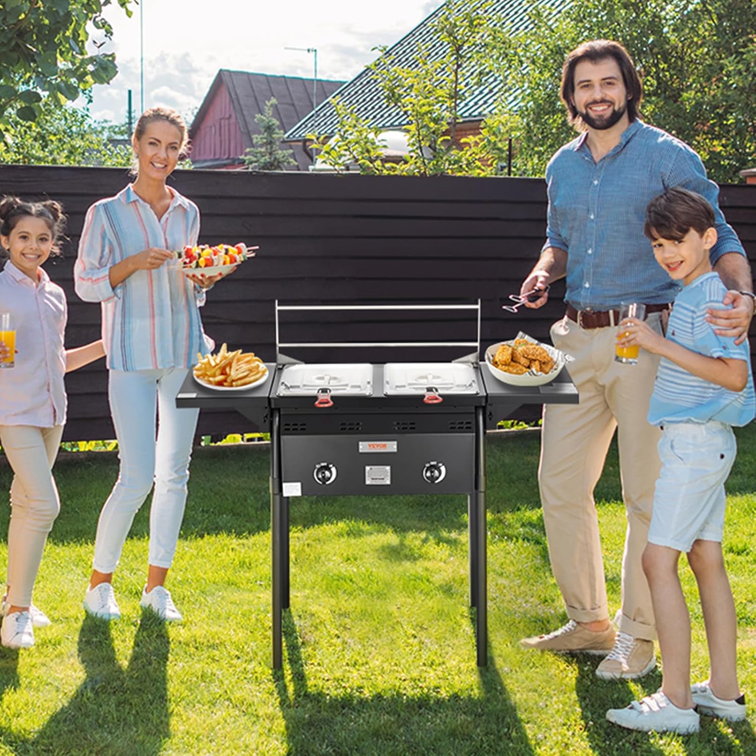 VEVOR Outdoor Propane Deep Fryer, Double Burners Commercial Fryer, 16 Qt Stainless Steel Cooker with Removable Baskets & Lids & Tanks