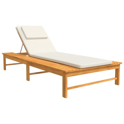 Sun Lounger with Cream White Cushion and Pillow Solid Wood Acacia,Acacia Wood Sun Lounger with Adjustable Backrest for Patio and Garden Relaxation