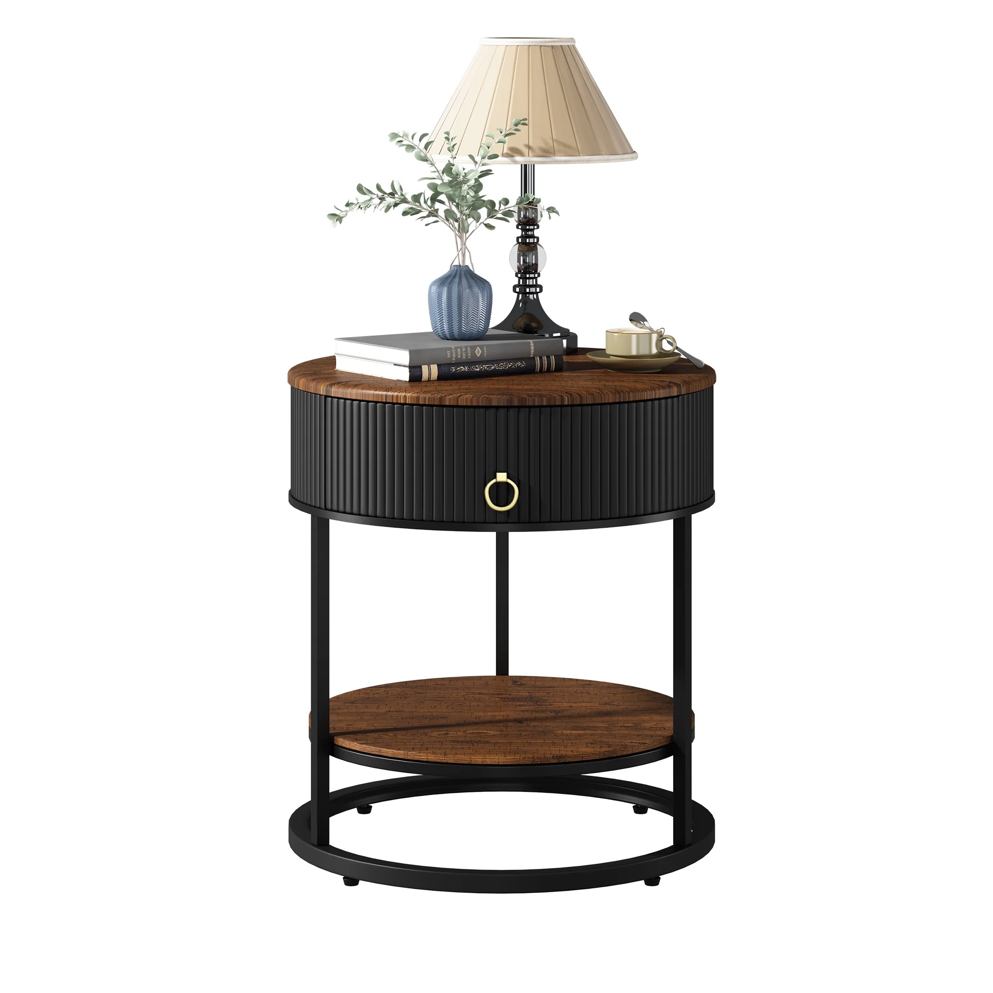 ASYA Metal End Table with Drawer, 21.65’’ Sofa Side Table, 2-Tier Round Nightstand for Bedroom, Black
