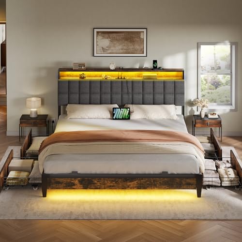 YITAHOME Queen Size Bed Frame with RGB LED Lights and 4 Drawers, Upholstered Platform Bed with Charging Station and Storage Headboard
