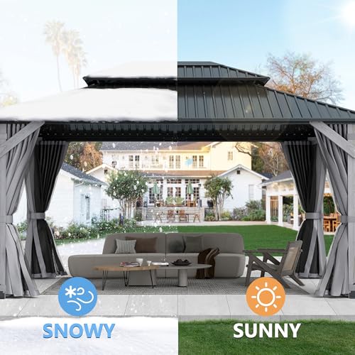 12'x12' Hardtop Gazebo, Outdoor Double Roof Galvanized Steel Gazebos, Aluminum Frame Permanent Pavilion with Curtains & Netting for Backyard, Patio