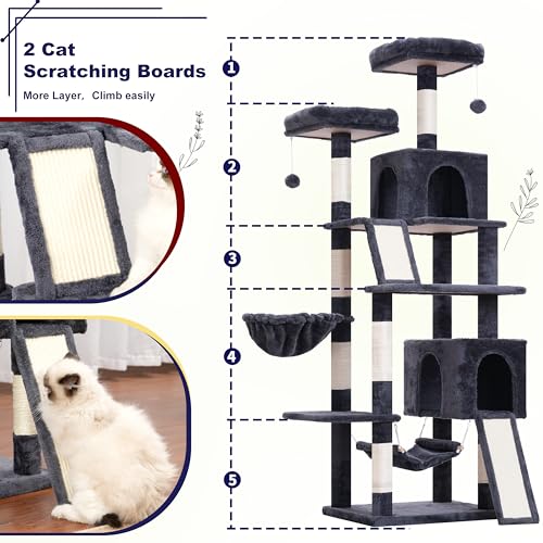 Cat Tree for Indoor Cats, 71'' (180cm) Multi-Level Cat Tower for Large Adult, Sturdy Cat Tree House with 2 Scratching Boards 7 Posts