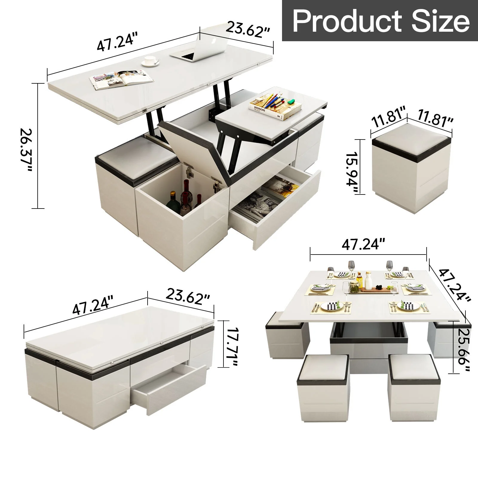 Guyii 47" Lift Top Coffee Table with 4 Stools, White Coffee Table Converts to Dining Table for 4-6 Person, Mobile Table with Drawers for Living Room