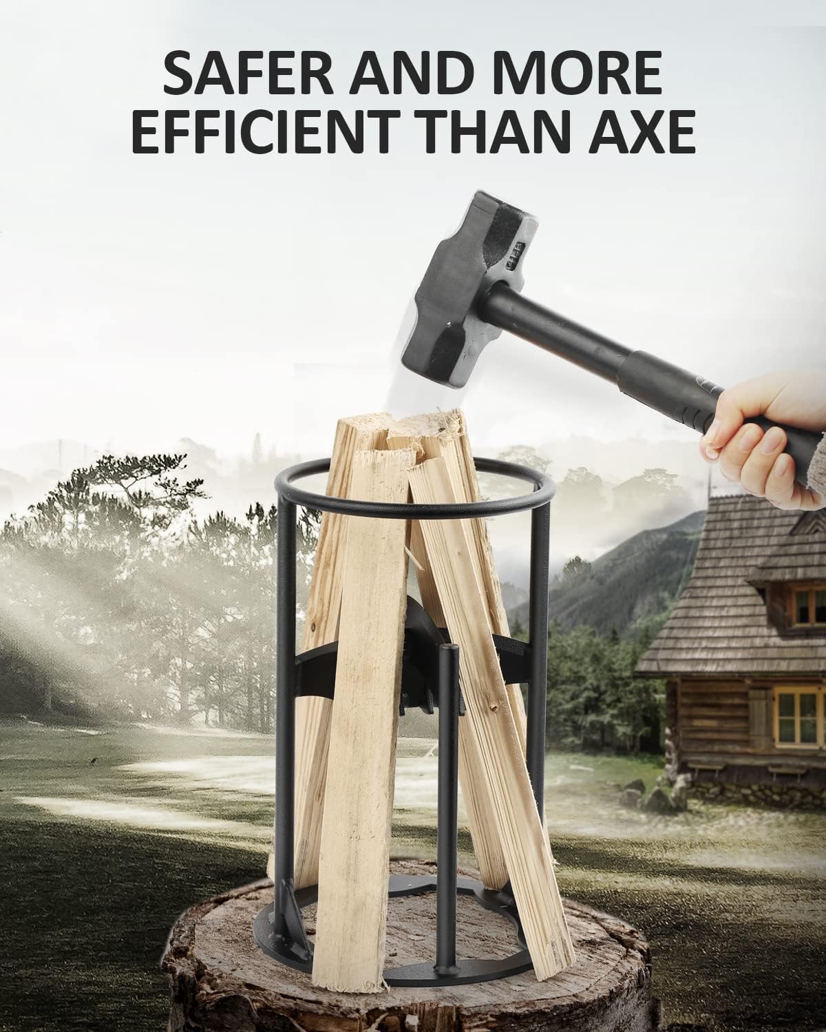 Wood Kindling Splitter with Hammer, Quick Split into 2/4 pcs, up to 7" dia Wood, Carbon Steel Made Manual Log Splitter