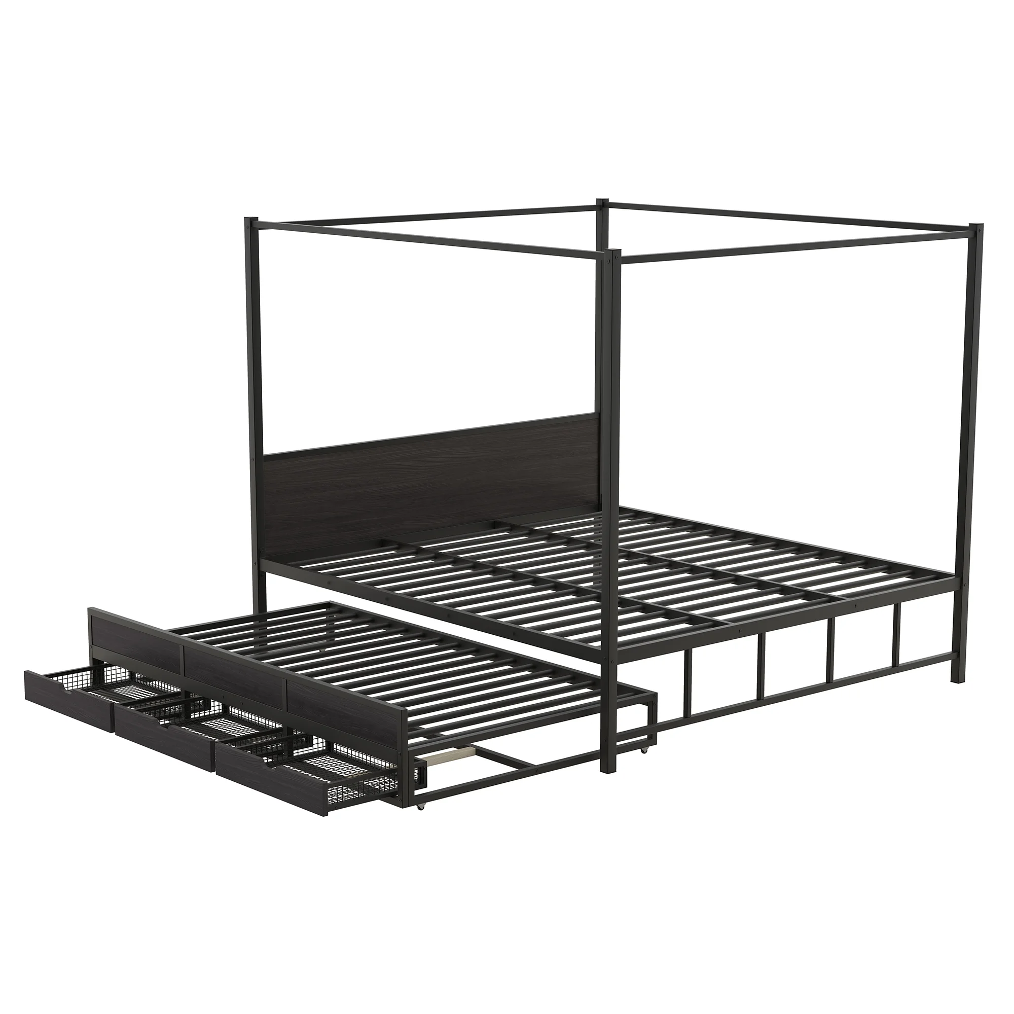 Churanty Queen Size Canopy Platform Bed with Trundle, Metal Four-Poster Canopy Bed Frame with for 3 Storage Drawers for Bedroom,Black