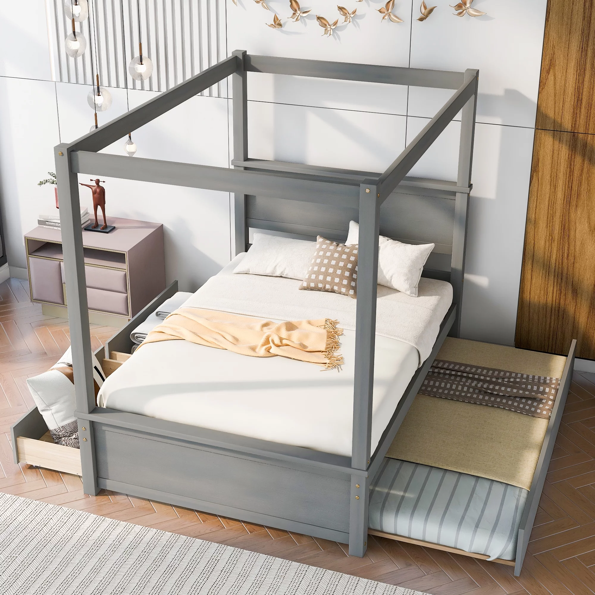 Churanty Full Size Canopy Bed Frame with Trundle and 2 Storage Drawers,Wood Full Platform Bed with Headboard,Gray