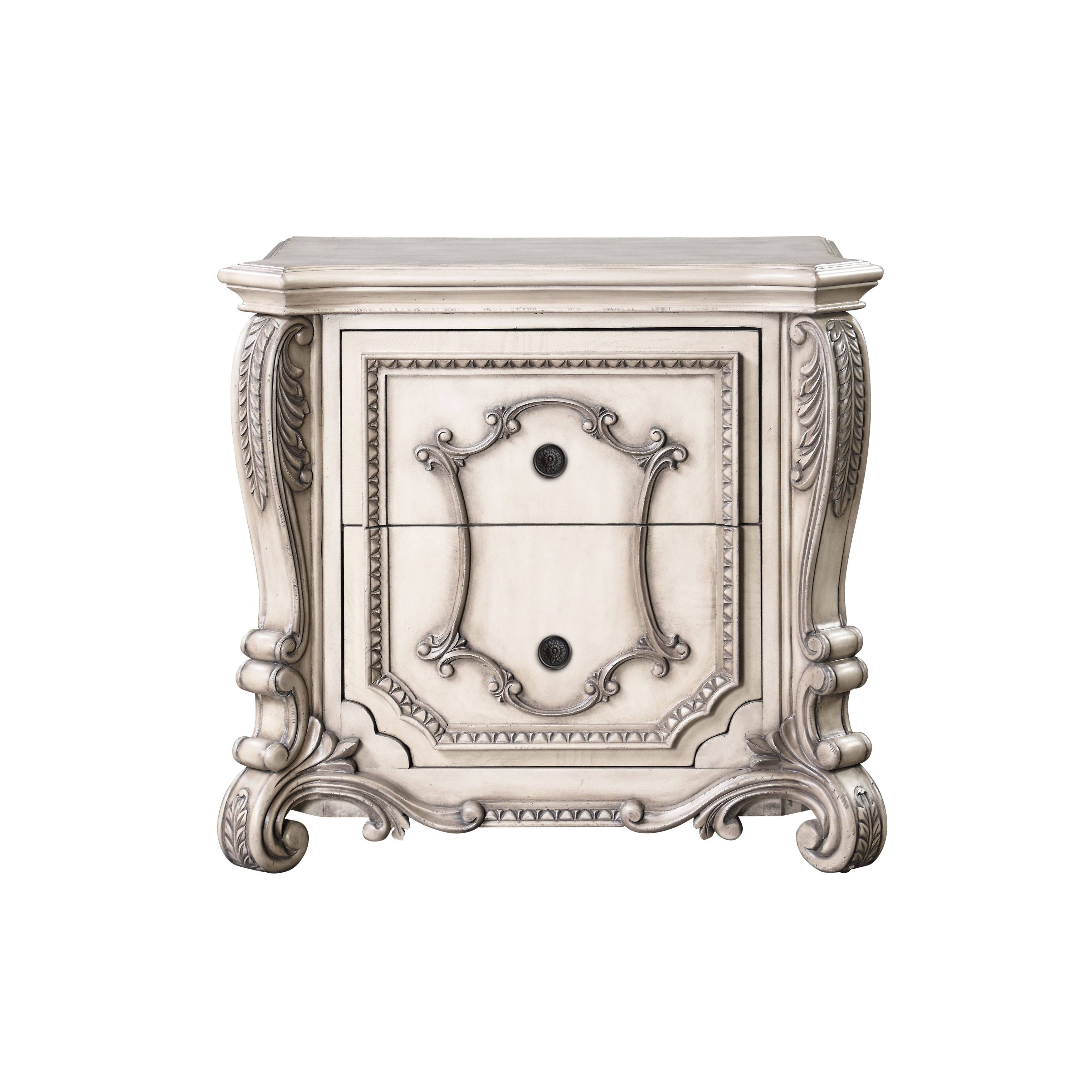 Benzara BM218540 Intricately Carved Wooden Nightstand with 2 Storage Drawers Antique White