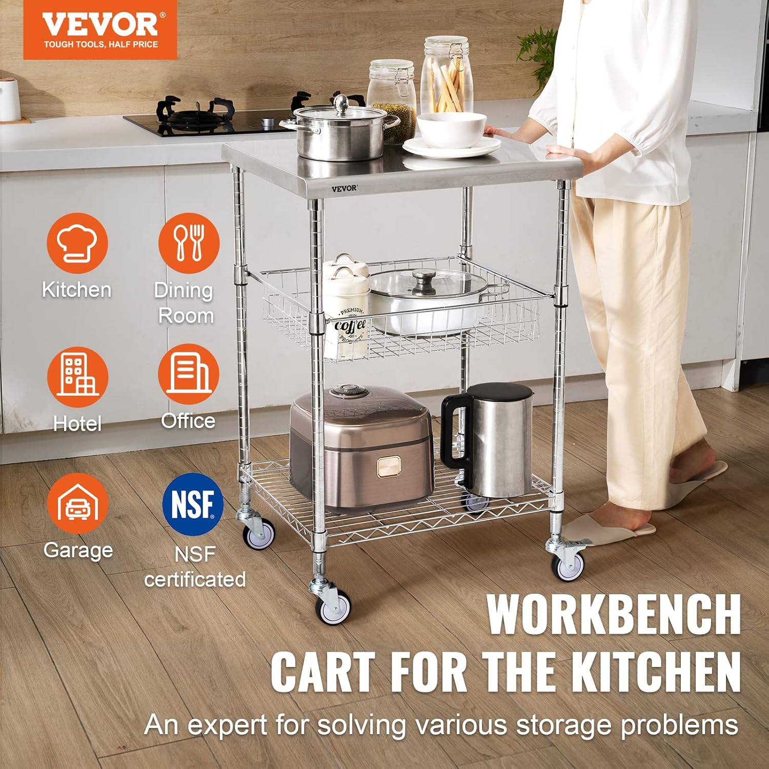 VEVOR Kitchen Utility Cart, 20"x24"x36.6" 3 Tiers Wire Rolling Cart, 470LBS Capacity Steel Service Cart with Brake Wheels