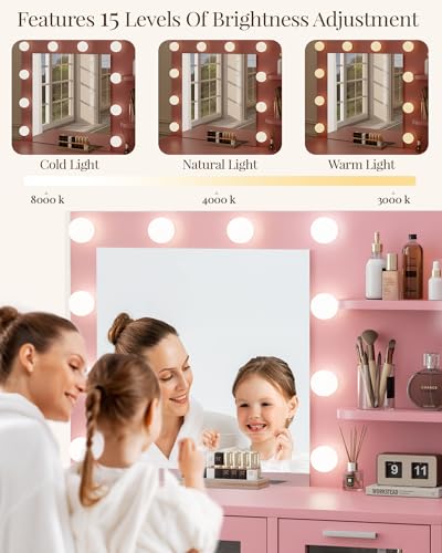 Vanity Desk with Mirror and Lights, Makeup Vanity with Drawer & Storage Shelves, Cabinet, 3 Lighting Modes Adjustable Brightness