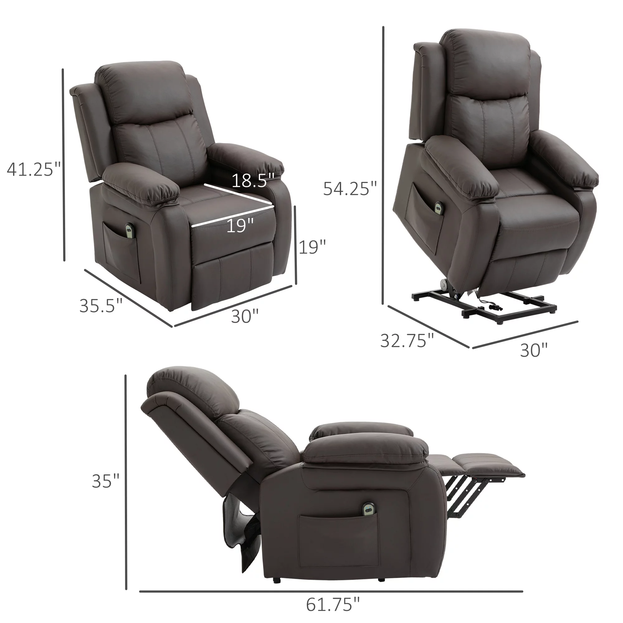 HOMCOM Living Room Power Lift Chair, PU Leather Electric Recliner Sofa Chair for Elderly with Remote Control, 3 Positions, Side Pockets