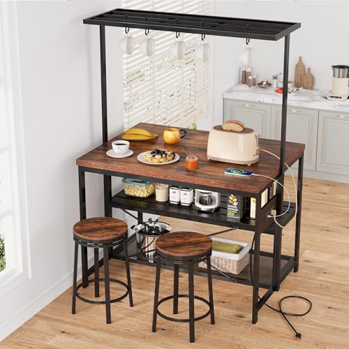 Kitchen Island with Storage, Bakers Rack with Power Outlet, Island Table for Kitchen,3 Tier Microwave Stand Oven Shelf,Large Coffee Bar Table