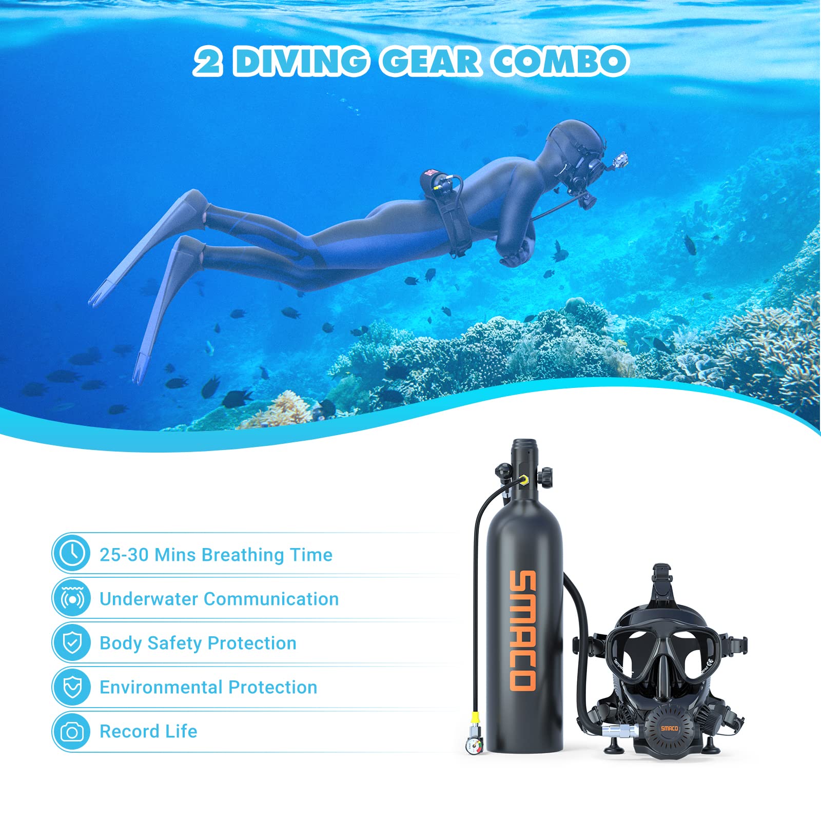 SMACO S700 1.9L Mini Scuba Tank with Full Face Diving Mask, —DOT Certified Tank with 25-30 Minutes Diving Cylinder for Underwater Exploraion