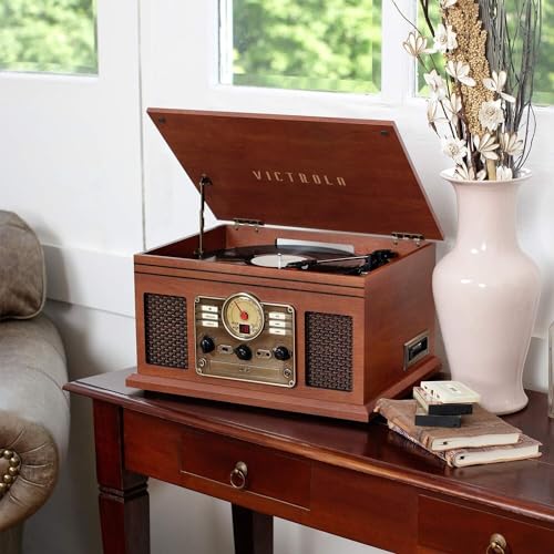 Victrola The Quincy 6-in-1 Bluetooth Record Player & Multimedia Center with Built-in Speakers &ndash; 3-Speed Turntable, CD & Cassette Player