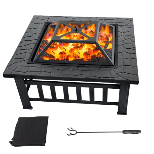 30" Fire Pit Table with Marble Tile Top, Fire Pit with Spark Screen Lid, Fire Grate, Waterproof Cover, and Fire Poker for Outside Patio, Yard Party