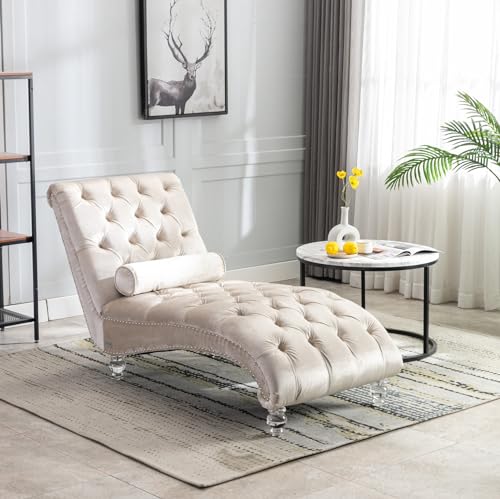 White Faux Fur Chaise Lounge Chair Indoor for Living Room Bedroom, Armless Upholstered Lounge Chair with Clear Legs & Rivet Decor