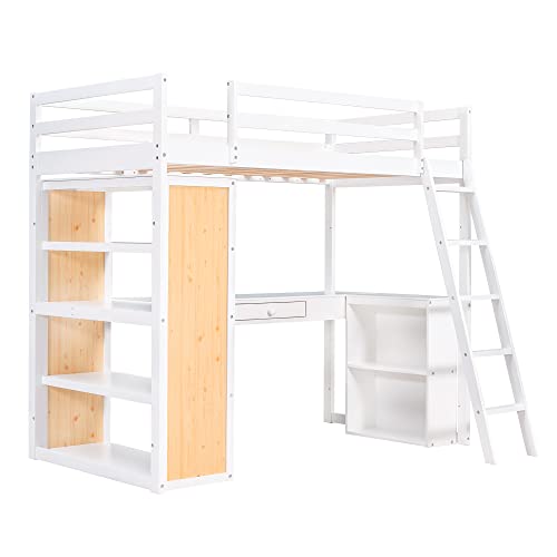 Twin Loft Bed with Staircase, Desk and Wardrobe, Wood Loft Bed with Storage Shelves and Safety Guardrail