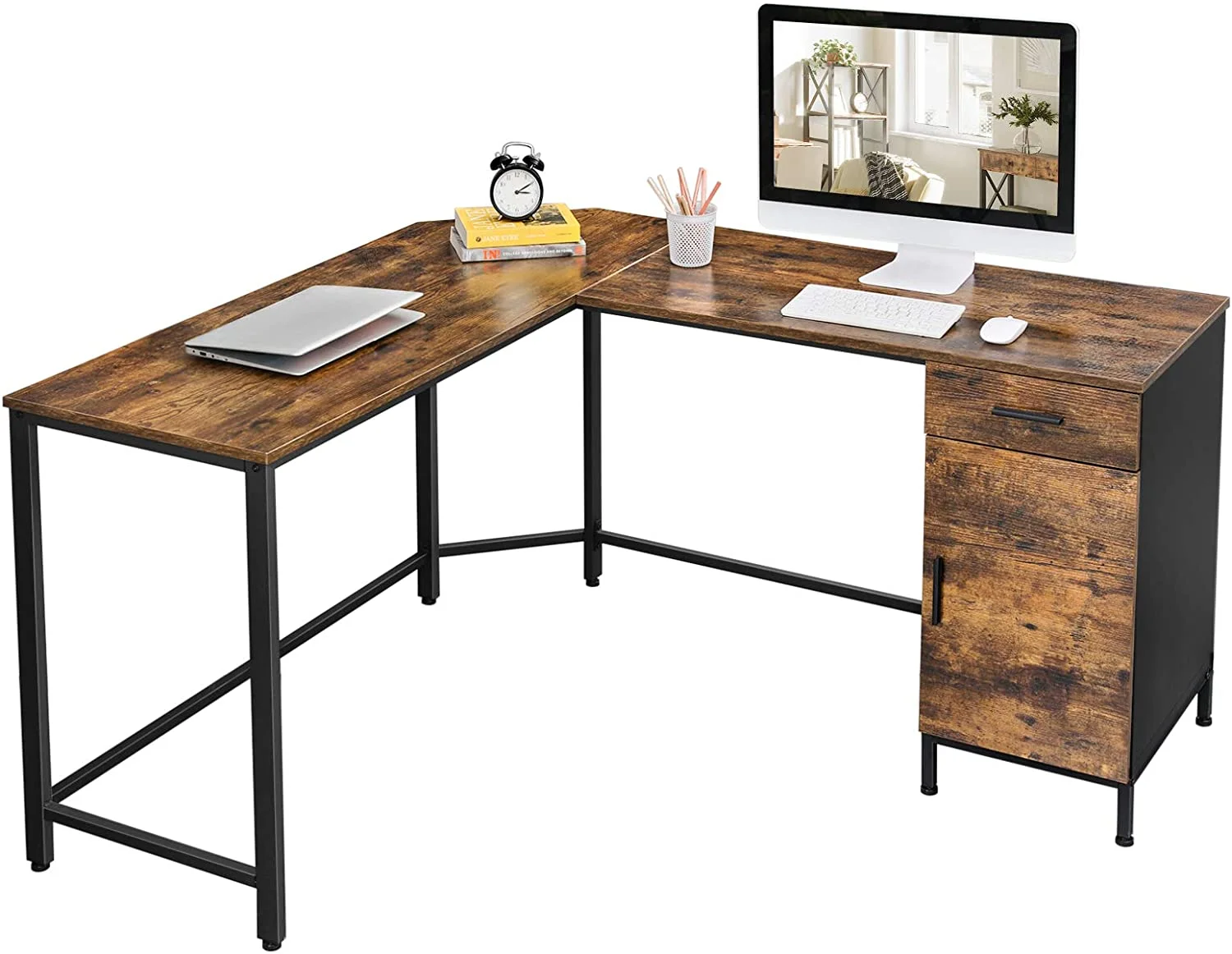 L-Shaped Computer Desk with Cabinet and Drawer  Corner Desk  Study   Office  Space-Saving  Steel  Industrial  53.9 x 59.1 x 29.5 Inches  Rustic Brown
