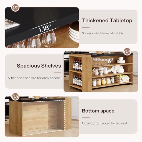 Tribesigns 55" Kitchen Island with Storage, Farmhouse 5-Tier Stationary Island Table with 5 Shelves