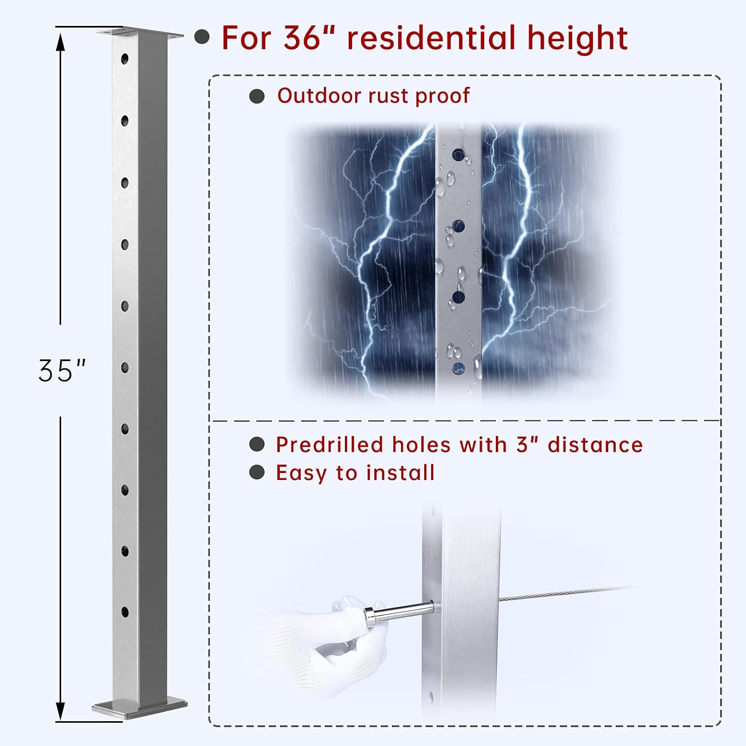 Muzata 4Pack Cable Railing Post Square Weldless Flat top 36x2x2 Stainless Steel Brushed Pre-Drilled Posts Wood Concrete Surface Mount Deck Balustrade