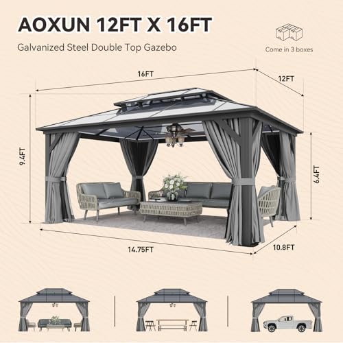 Aoxun 12'x16' Hardtop Gazebo, Aluminum Frame Permanent Pavilion with Netting and Curtains, Outdoor Polycarbonate Double Roof Canopy