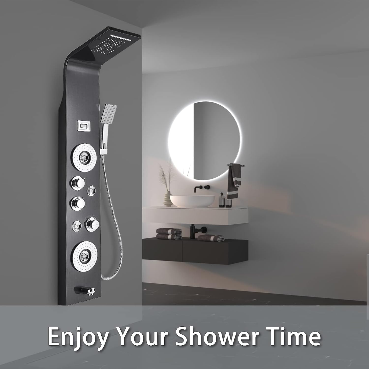 Shower Panel Tower System Shower Column with Temperature Display Rainfall Waterfall Shower Head with Handheld Spray Adjustable Massage Body Jets