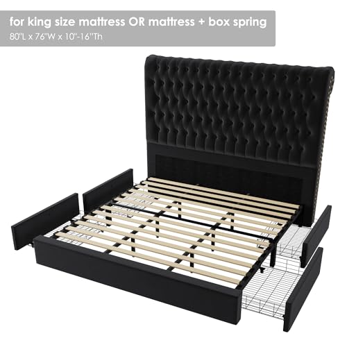 King Size Bed Frame 54" Tall Headboard with Gorgeous Button Tufted and Nail, Velvet Fabric Upholstered Bed Frame includes 4 Under-bed Storage Drawers