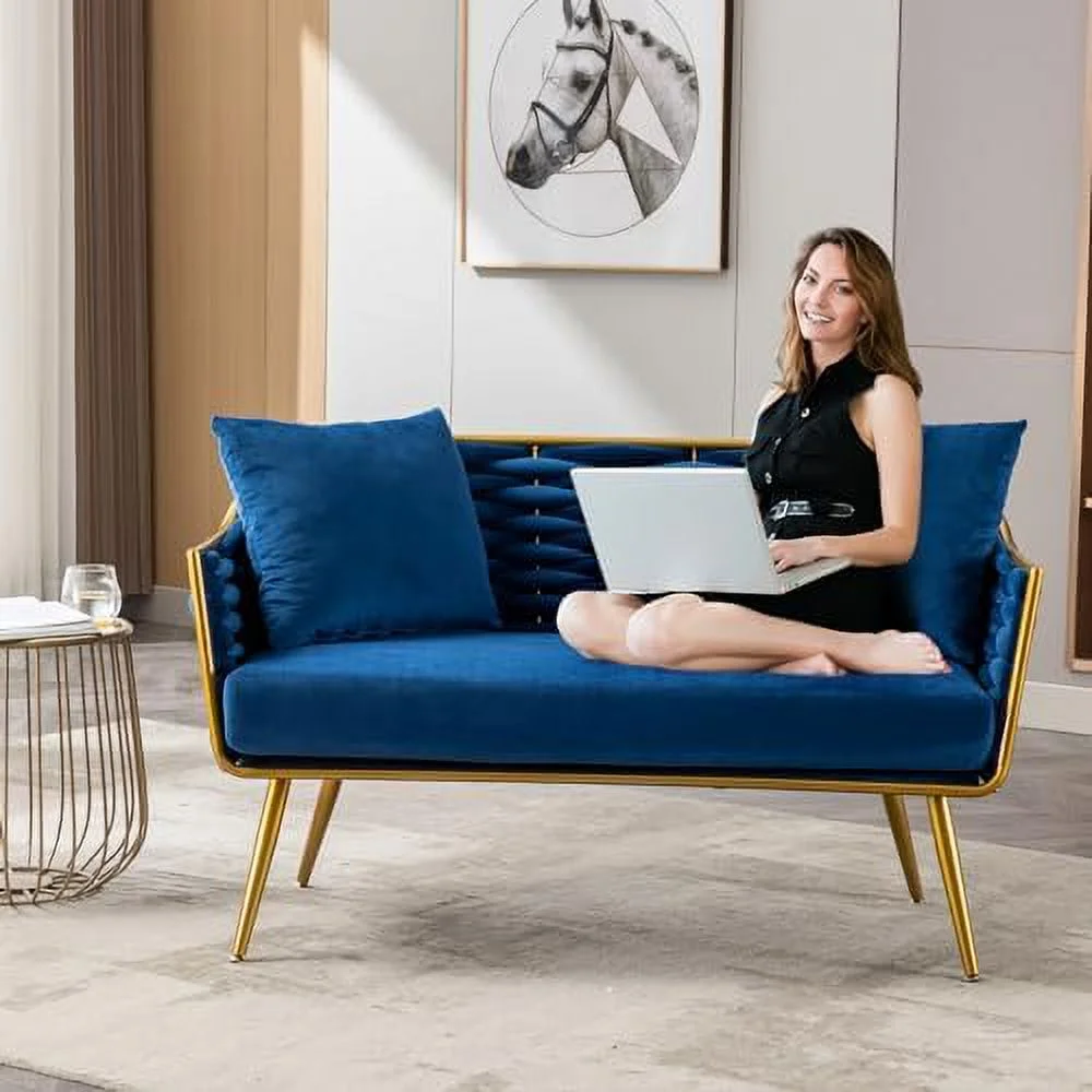 xrboomlife Velvet Accent Sofa Chair  Upholstered Loveseat with Stylish Woven Back  Small Comfy Couch with 2 Pillows  Modern Love Seat with Gold Frame