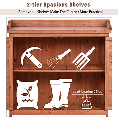 Merax 66" Large Outdoor Farmhouse Wooden Potting Bench Table, Garden Workstation with 2 Drawers, Cabinet, and Open Shelves for Backyard, Mudroom