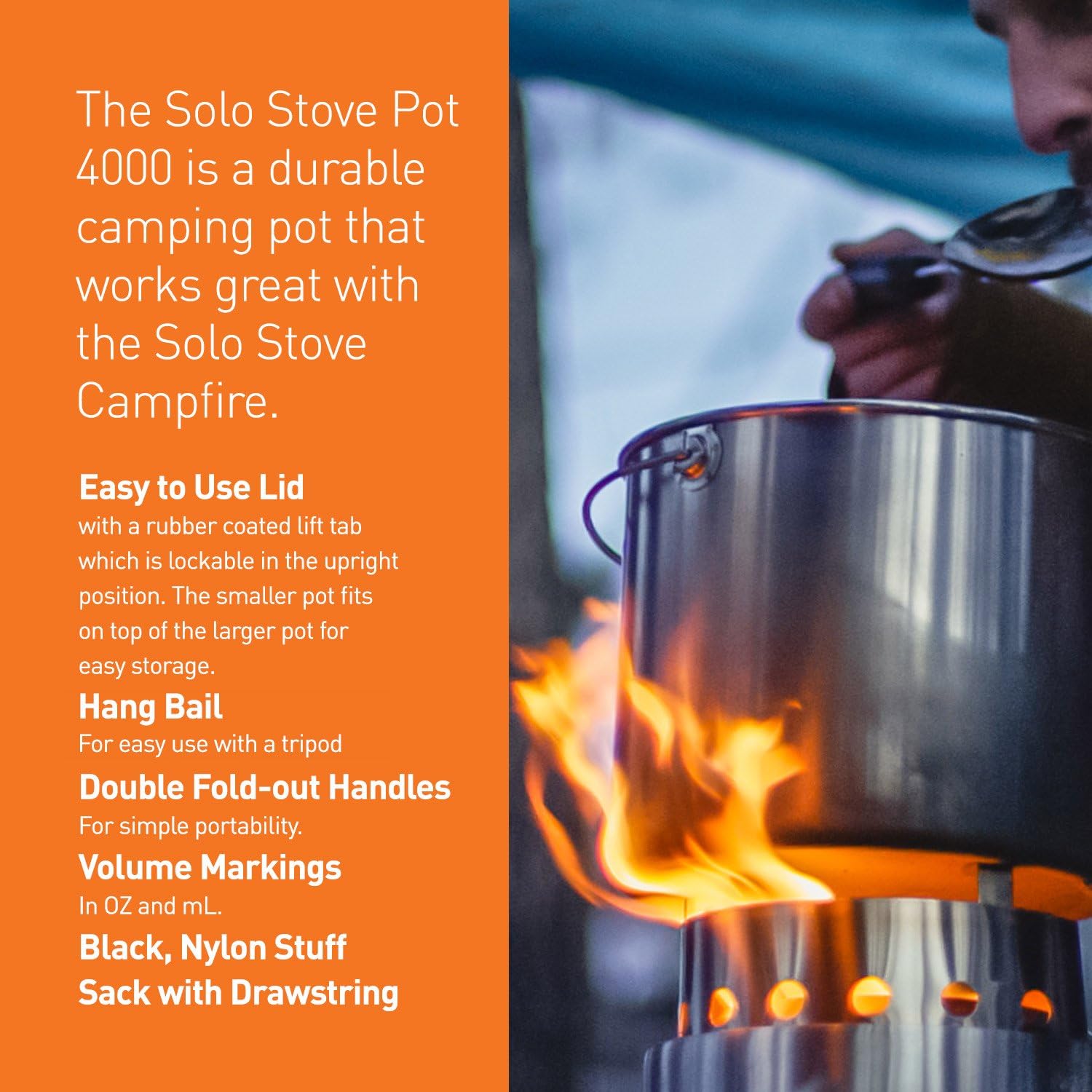 Solo Stove Pot 4000 Stainless Steel Camping Pot for Outdoor Campfire Great Cookware Equipment for Backpacking Kitchen Bushcraft Survival Gear and