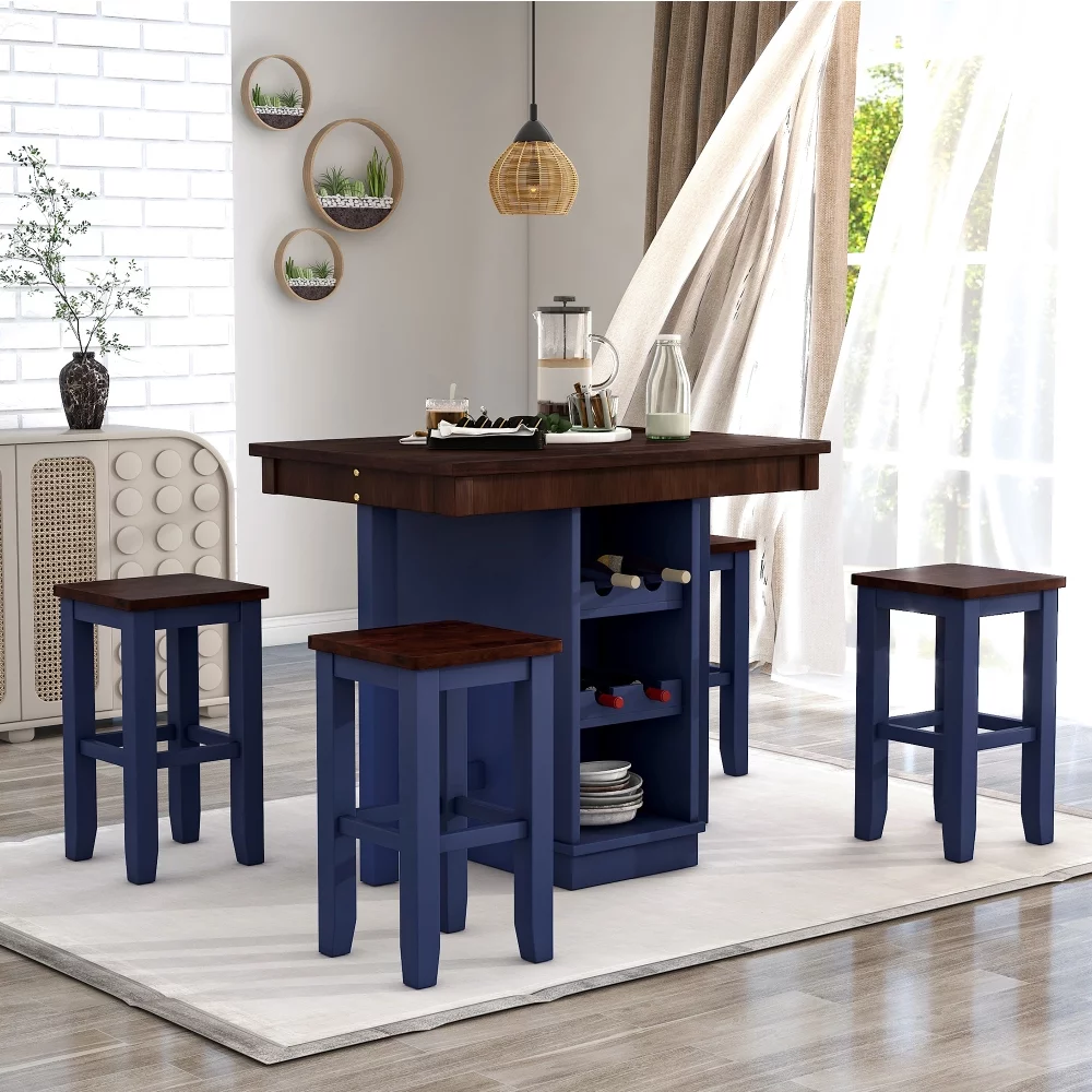 Farmhouse 5-Piece Counter Height Dining Sets, 4 Stools, Square Wood Table with 3-Tier Adjustable Storage Shelves and Wine Racks for Small Spaces