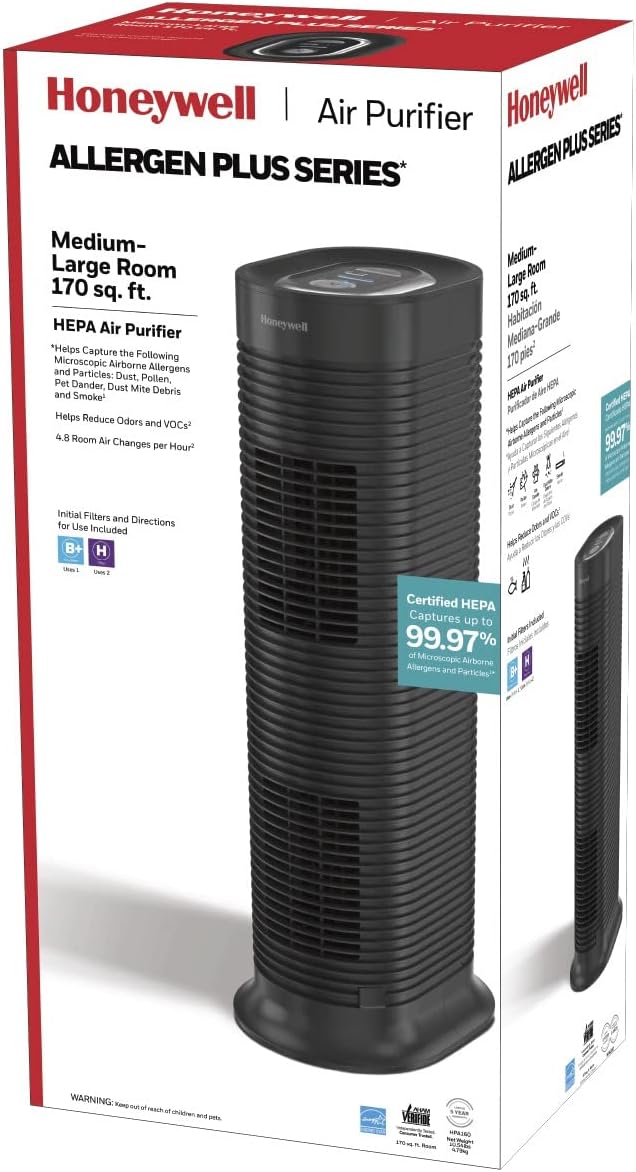 Honeywell AllergenPlus HEPA Tower Air Purifier, Allergen Reducer for Medium-Large Rooms (170 sq ft), Black - Wildfire/Smoke, Pollen, Pet Dander
