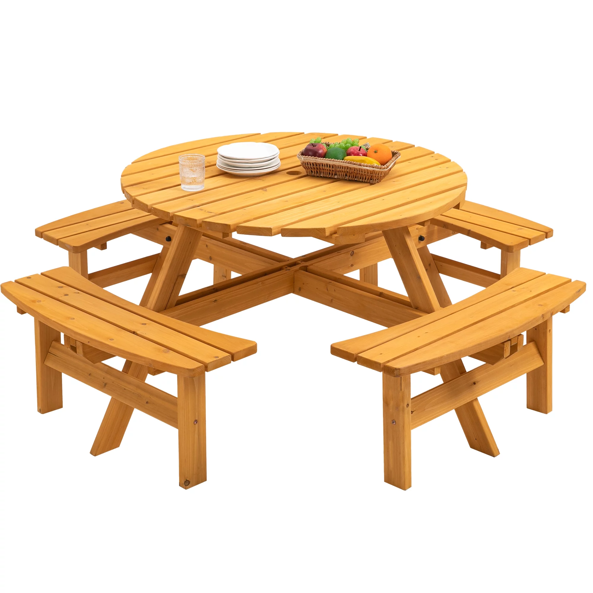 Outdoor 8-Person Circular Wooden Picnic Table w/ 4 Built-in Benches 2220lb Capacity for Garden, Patio, Backyard - Natural