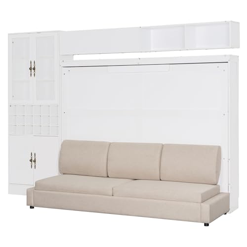 MERITLINE Queen Murphy Bed with Couch and Storage Shelves,Charging Station& LED Light