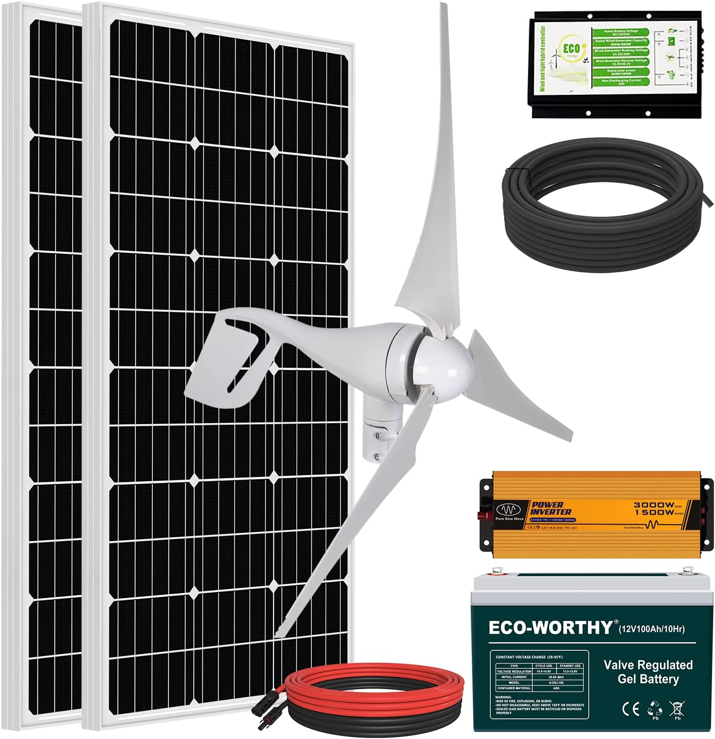 ECO-WORTHY 1200W Solar Wind Complete KIT: 1pc 400W Wind Turbine + 8pcs 100W Mono Solar Panel + 2pcs 100AH Battery + 1500W Inverter + 1pc Combiner Box