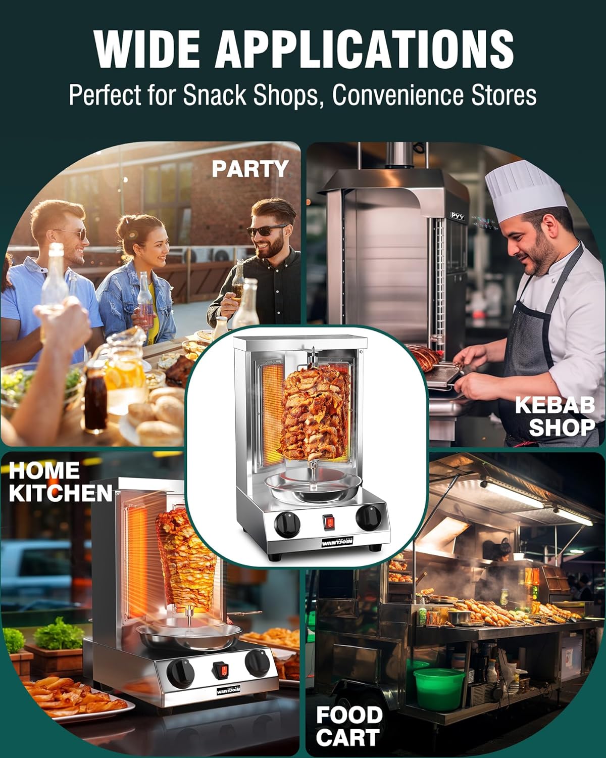 WantJoin Shawarma Grill Machine, Gas Vertical Rotisserie with 2 Burners for Home, Countertop Rotating Doner Kebab Oven Broiler Gyro Maker with Shovel