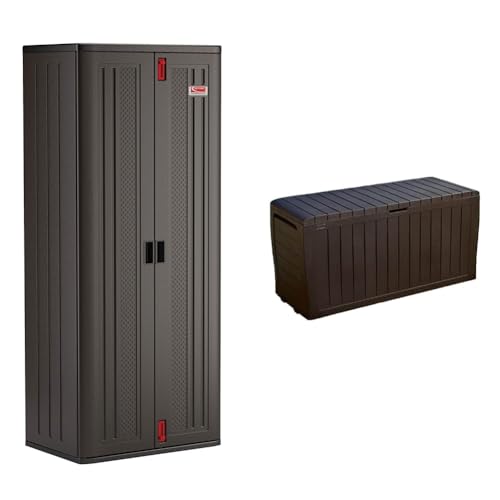 Suncast 19 Cubic Ft. Heavy-Duty Resin Cabinet with Lockable Handles, Multi-Wall Construction, and Metal-Reinforced Shelves for Basement