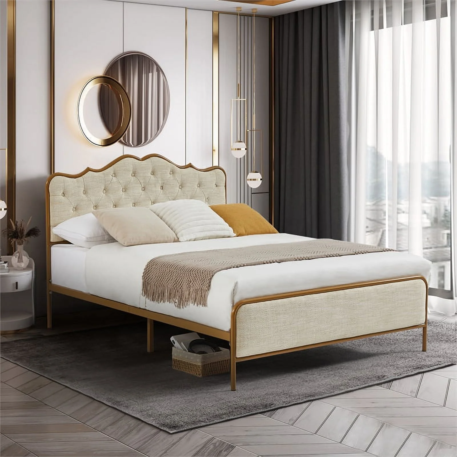 light Camel queen size bed with metal frame solid wood ribs and foam upholstery