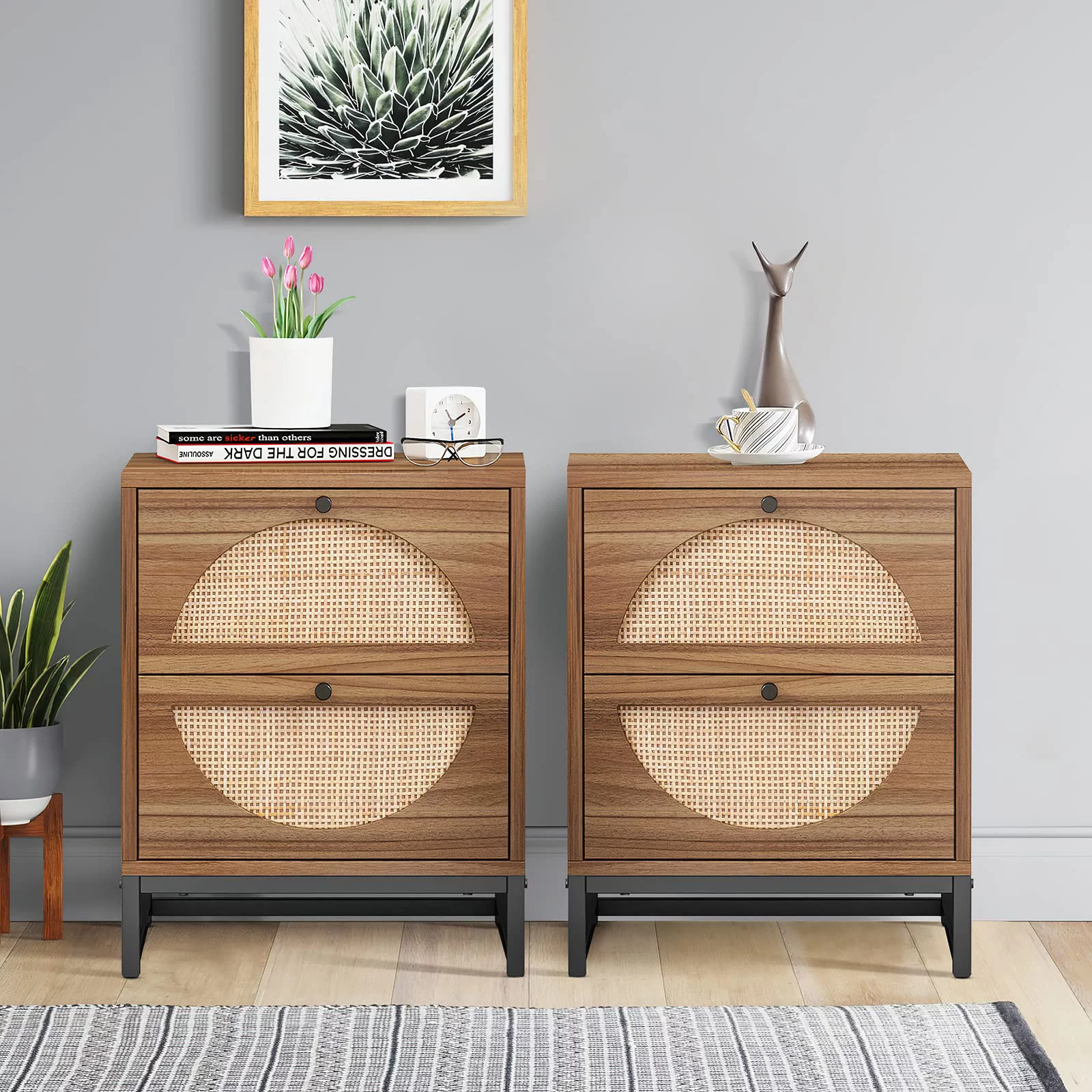 AWQM Rattan Nightstand with 2 Drawer, 2-Pieces Farmhouse End Table Small Accent Table with Storage,Wood Bedside Table Accent Cabinet for Small Space